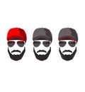 Set of hipster man bearded face in sunglasses and with cap. Silhouette, logo, avatar, head, emblem, icon, label, vector