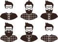 Set of hipster man silhouette, flat icon - a man with glasses, mustache and beard, wearing an in a plaid shirt and bow tie. Royalty Free Stock Photo