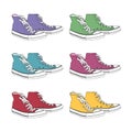 Set of hipster sneakers with purple, green, blue, pink, red and yellow color. Vector