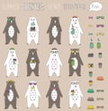 Set of hipster summer bear flat with accessories can swap. Vintage styled design hipster icons signs and symbols templates for