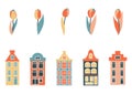 Set of historic colorful Dutch houses with tulips, historic narrow buildings, architecture and flowers. Hand drawn Royalty Free Stock Photo