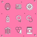 Set Hive for bees, Stack of pancakes, Flower, Jar honey, Honeycomb, and icon. Vector Royalty Free Stock Photo