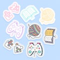 Set of hobby different element stickers, pins, patches and handwritten collection in cartoon style. Funny greetings for clothes,