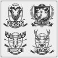 Set of hockey badges, labels and design elements. Sport club emblems with deer, bison, elk and wild boar. Print design for t-shirt