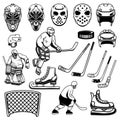 Set of hockey design elements. Players, goalkeeper, hockey sticks, ice skates. For logo, label, emblem, sign Royalty Free Stock Photo