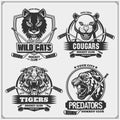 Set of hockey emblems, badges, logos and labels with tiger, cougar and wildcat. Print design for t-shirt. Royalty Free Stock Photo