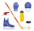 Set of hockey equipment. Helmet, gloves, stick, puck, skates, whistle, water bottle. Vector illustration