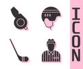 Set Hockey judge, referee, arbiter, Whistle, Ice hockey stick and Hockey helmet icon. Vector Royalty Free Stock Photo