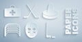 Set Hockey mask, Mallet for playing air hockey, Ice goal, stick and puck, sticks and First aid kit icon. Vector Royalty Free Stock Photo