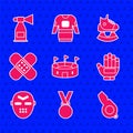 Set Hockey stadium, Medal, Whistle, glove, mask, Crossed bandage plaster, Skates and Air horn icon. Vector Royalty Free Stock Photo