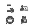 Hold smartphone, Shopping cart and Online education icons. Communication sign.