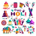 Set of Holi flat icons in indian style. Vector illustration