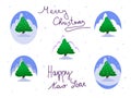 Set of holiday cards with chreestmas trees and lettering. Merry Christmas and Happy New Year.