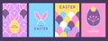 Set of holiday flat Easter posters with rabbit ears, Easter eggs, flowers and patterns.