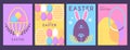 Set of holiday flat Easter posters with rabbit ears, Easter eggs, willow branch and floral elements.