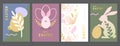 Set of holiday flat Easter posters with rabbit ears, Easter eggs, willow branch and floral elements.