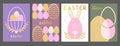 Set of holiday flat Easter posters with rabbit ears, Easter eggs, willow branch and floral elements.