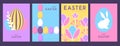 Set of holiday flat Easter posters with rabbit silhouette, Easter eggs, willow branch and floral elements.