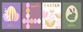 Set of holiday flat Easter posters with rabbit silhouette, Easter eggs, willow branch and floral elements.