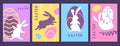 Set of holiday flat Easter posters with rabbit silhouette, Easter eggs and willow branch.