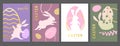 Set of holiday flat Easter posters with rabbit silhouette, Easter eggs and willow branch.