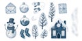 Set of holiday icons: New Year decorations, gift, snowman. illustration for Christmas. Royalty Free Stock Photo