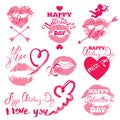Set of holiday labels - pink lips print, hearts, angel