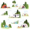 Set of holiday pictures at the campsite. Vector illustration.