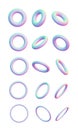 Set of holographic 3D geometric shapes torus of different sizes, thicknesses and angles isolated on white background Royalty Free Stock Photo