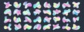Set of holographic liquid metal blobs, iridescent chrome drops, rainbow metallic gradient irregular freeform shapes