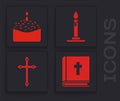 Set Holy bible book, Easter cake and candle, Burning candle in candlestick and Christian cross icon. Vector Royalty Free Stock Photo