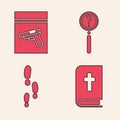 Set Holy bible book, Evidence bag and pistol or gun, Magnifying glass with search and Footsteps icon. Vector