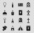 Set Holy bible book, Grave with cross, Burning candle, Church tower, Christian on chain and icon. Vector Royalty Free Stock Photo