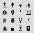 Set Holy bible book, Grave with tombstone, Christian cross chain, Location church building, and Burning candle icon Royalty Free Stock Photo