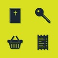 Set Holy bible book, Paper or financial check, Shopping basket and Key icon. Vector