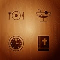 Set Holy bible book, Plate, fork and knife, Clock and Cocktail on wooden background. Vector Royalty Free Stock Photo