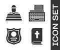 Set Holy bible book, Prisoner, Police badge and Retro typewriter icon. Vector Royalty Free Stock Photo