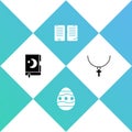 Set Holy book of Koran, Easter egg, The commandments and Christian cross on chain icon. Vector Royalty Free Stock Photo