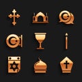 Set Holy grail or chalice, Muslim Mosque, Pope hat, Burning candle, Jewish calendar, Star crescent, and Christian cross