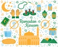 Set of holy Ramadan Kareem elements. Muslim festival Ramazan. Eid mubarak, Islamic celebration icons. Isolated on a white