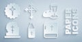 Set Holy water bottle, Goblet and bread, Grave with tombstone, bible book, Christian cross and icon. Vector