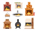 Set of Home Brick and Metal Fireplaces with Burning Fire, Forgery, Xmas Decor and Grating. Indoors Chimney
