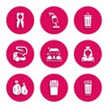 Set Home cleaning service, Trash can, Full trash, Cleaning lady, Garbage bag, Vacuum cleaner, and Clothes pin icon