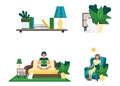 Set of home cozy modern interior stuff, wall shelf green leaf pot, character woman rest sofa, couch and on armchair, isolated flat Royalty Free Stock Photo