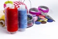 Set for home crafts or sewing on white, selective focus, place for text