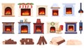 Set home fireplaces, wood cozy fire in house, decorative ornament, design cartoon style vector illustration, isolated on