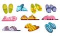 Set of home footwear slippers. Soft comfortable slip on shoe for home in the differnt form. Pair slippers, textile