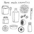 Set of home made cosmetics vector doodle illustration jars spoon brush and products