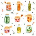 Set of home made pickles, canned fruit and vegetables in cartoon hand drawn flat style. Glass jar with preserved food