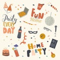 Set of Home Party Icons Birthday Hats, Stroboscope and Cola Cup and Bottle, Festive Cake with Candles Royalty Free Stock Photo